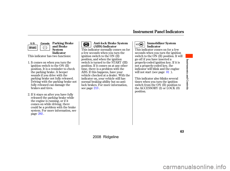 HONDA RIDGELINE 2008 1.G Repair Manual This indicator also blinks several 
times when you turn the ignition
switch f rom the ON (II) position to 
the ACCESSORY (I) or LOCK (0) 
position.
This indicator normally comes on f or 
a f ew second