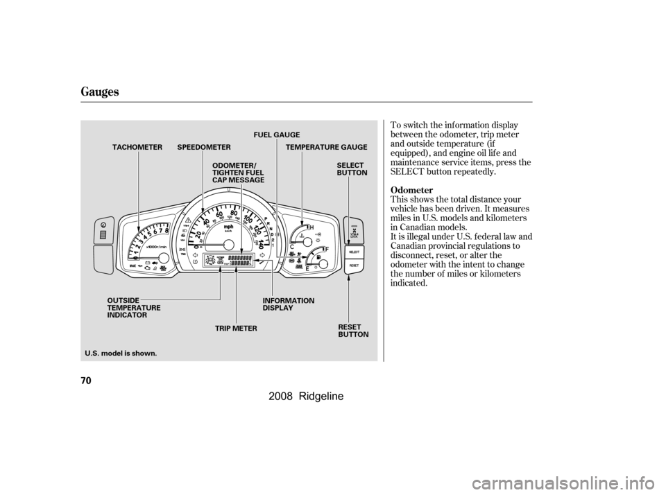 HONDA RIDGELINE 2008 1.G Manual PDF To switch the information display 
between the odometer, trip meter
and outside temperature (if 
equipped), and engine oil lif e and 
maintenance service items, press the
SELECT button repeatedly. 
Th
