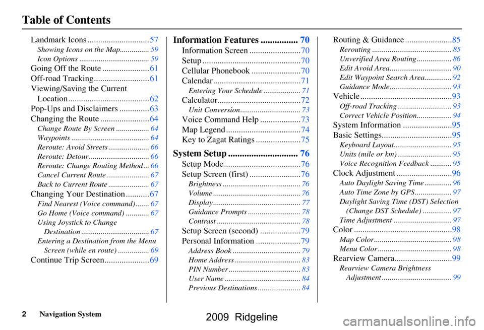 HONDA RIDGELINE 2009 1.G Navigation Manual 2Navigation System
Table of Contents
Landmark Icons .............................57
Showing Icons on the Map...............59 
Icon Options ....................................59
Going Off the Route .