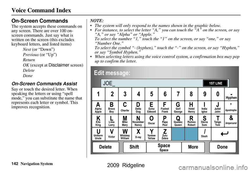 HONDA RIDGELINE 2009 1.G Navigation Manual 142Navigation System
Voice Command Index
On-Screen Commands
The system accepts these commands on 
any screen. There are over 100 on- 
screen commands. Just say what is 
written on the screen (this exc