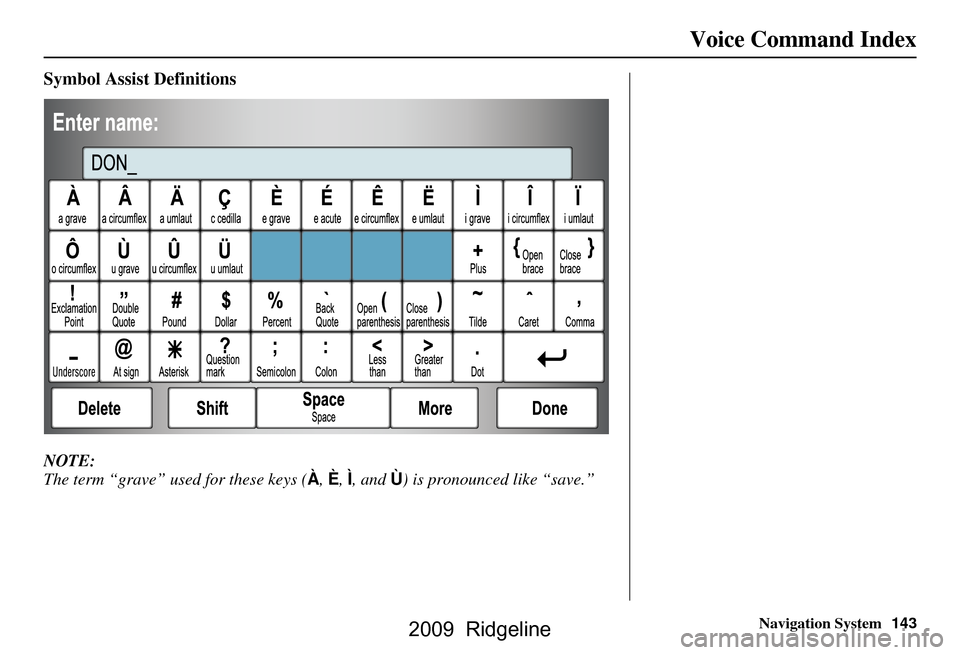 HONDA RIDGELINE 2009 1.G Navigation Manual Navigation System143
Voice Command Index
Symbol Assist Definitions
NOTE: 
The term “grave” used for these keys ( À, È, Ì , and  Ù) is pronounced like “save.”
 2009  Ridgeline   