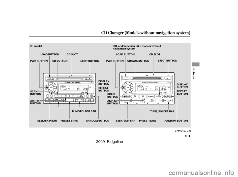 HONDA RIDGELINE 2009 1.G Owners Manual CONT INUED
CD Changer (Models without navigation system)
Features
181
AM/FM 
BUTTONPRESET BARS
SCAN
BUTTON RT model
RTL and Canadian EX-L models without
navigation system
TUNE/FOLDER BAR EJECT BUTTON
