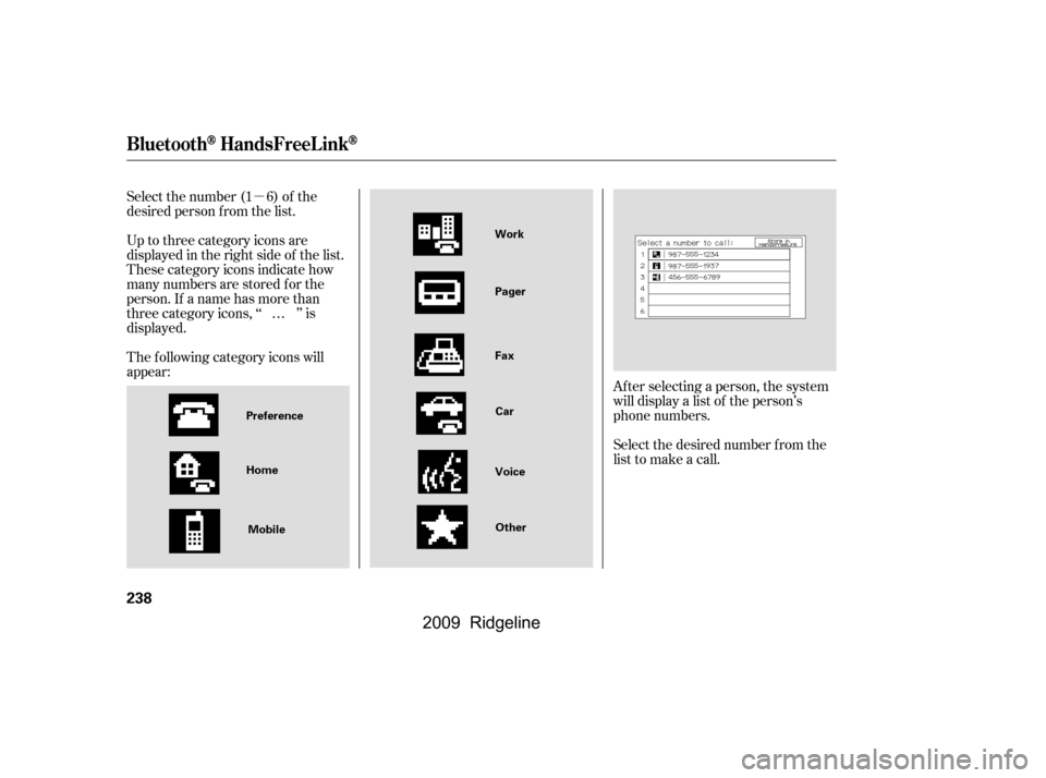 HONDA RIDGELINE 2009 1.G Owners Manual µ
Select the number (1 6) of the 
desired person f rom the list. 
Up to three category icons are 
displayed in the right side of the list.
These category icons indicate how
many numbers are stored f