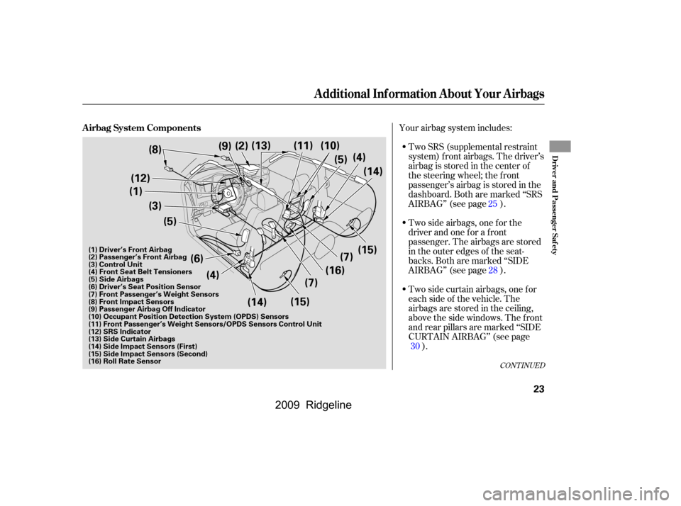 HONDA RIDGELINE 2009 1.G Owners Manual Your airbag system includes:Two SRS (supplemental restraint 
system) f ront airbags. The driver’s
airbag is stored in the center of
the steering wheel; the f ront
passenger’sairbagisstoredinthe
da