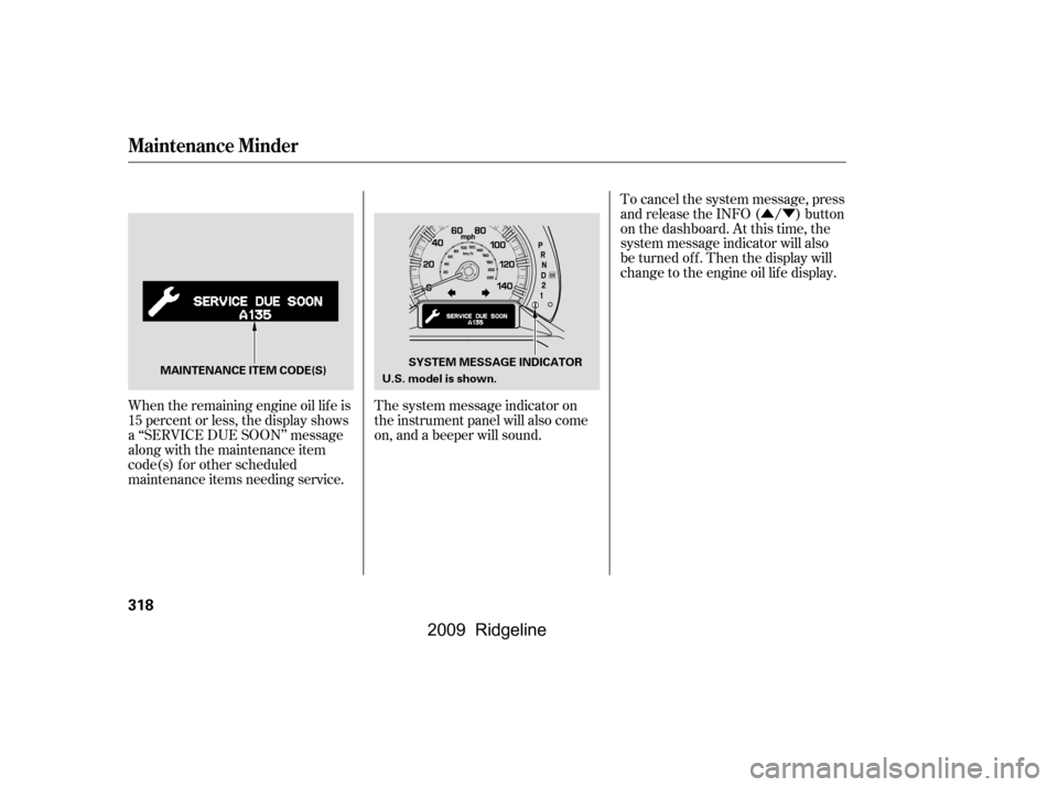 HONDA RIDGELINE 2009 1.G Owners Manual ÛÝ
When the remaining engine oil lif e is 
15 percent or less, the display shows
a ‘‘SERVICE DUE SOON’’ message
along with the maintenance item
code(s) f or other scheduled
maintenance ite