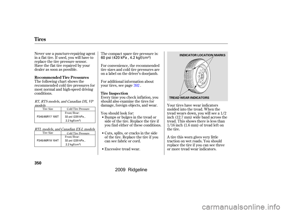 HONDA RIDGELINE 2009 1.G Owners Manual Never use a puncture-repairing agent 
in a f lat tire. If used, you will have to
replace the tire pressure sensor.
Havetheflattirerepairedbyyour
dealer as soon as possible. 
The following chart shows 