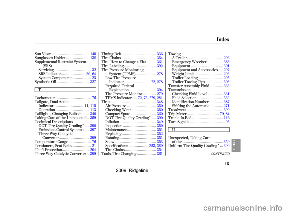 HONDA RIDGELINE 2009 1.G Owners Manual 
Î
Î
Î
CONT INUED
........................................
Sun Visor .140
........................
Sunglasses Holder .138
Supplemental Restraint System (SRS) ....................................