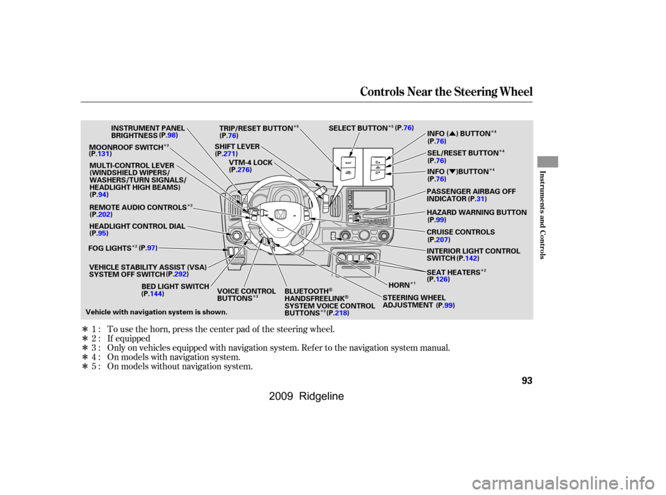 HONDA RIDGELINE 2009 1.G Owners Manual 
ÎÎ
ÎÎÎ
Î
Î
Î
Î Î
Î Î
Î
Î
Î
Î
Î
Û
Ý
Only on vehicles equipped with navigation system. Ref er to the navigation system manual. To use the horn, press the center pa