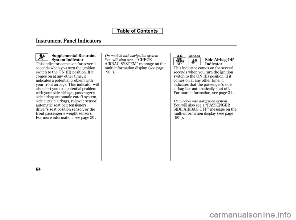 HONDA RIDGELINE 2010 1.G Owners Manual This indicator comes on f or several 
seconds when you turn the ignition
switch to the ON (II) position. If it
comes on at any other time, it
indicates a potential problem with
your f ront airbags. Th