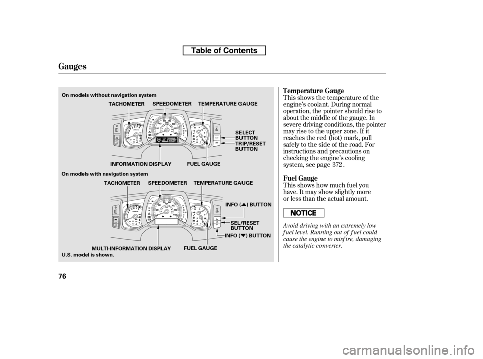 HONDA RIDGELINE 2010 1.G Owners Manual Û
Ý
This shows the temperature of the 
engine’s coolant. During normal
operation, the pointer should rise to
about the middle of the gauge. In
severe driving conditions, the pointer
may rise to 