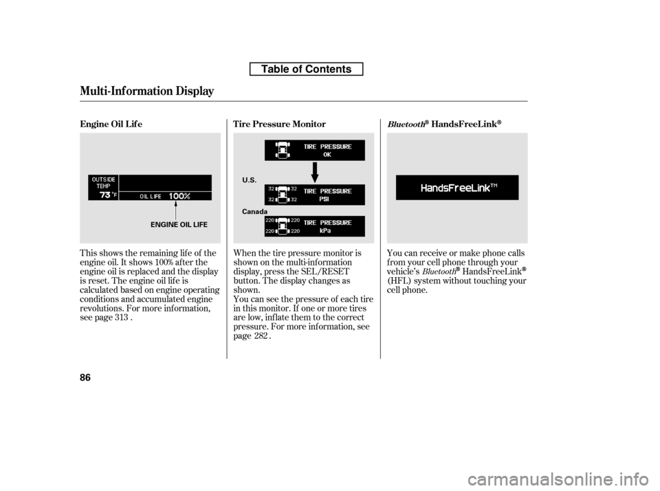 HONDA RIDGELINE 2010 1.G Owners Manual This shows the remaining lif e of the 
engine oil. It shows 100% af ter the
engine oil is replaced and the display
is reset. The engine oil lif e is
calculated based on engine operating
conditions and