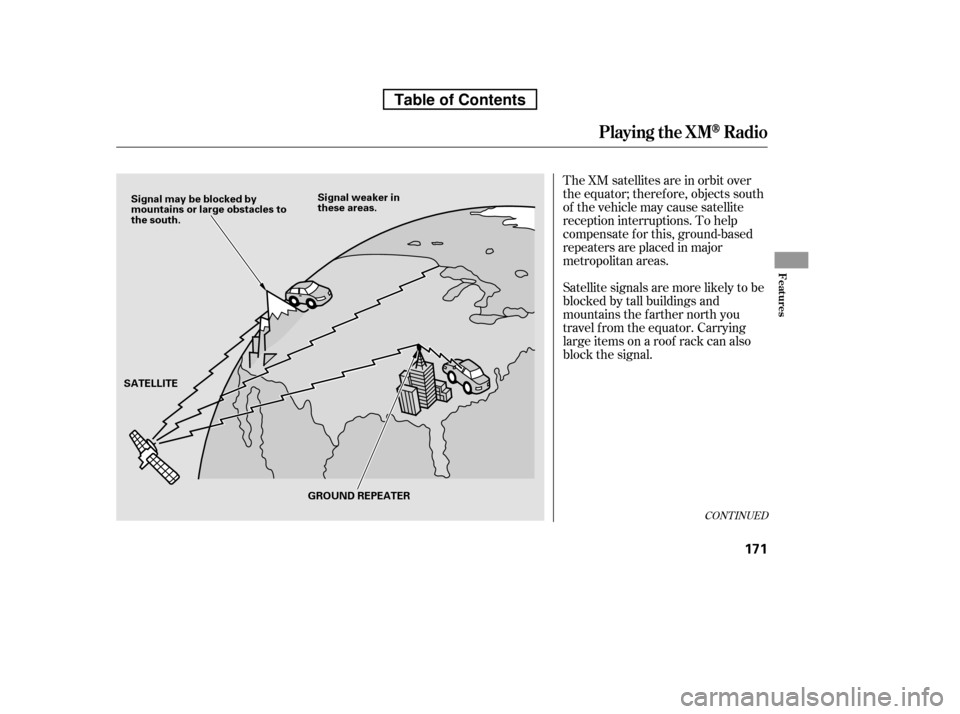 HONDA RIDGELINE 2010 1.G Owners Manual The XM satellites are in orbit over 
the equator; therefore, objects south
of the vehicle may cause satellite
reception interruptions. To help
compensate f or this, ground-based
repeaters are placed i