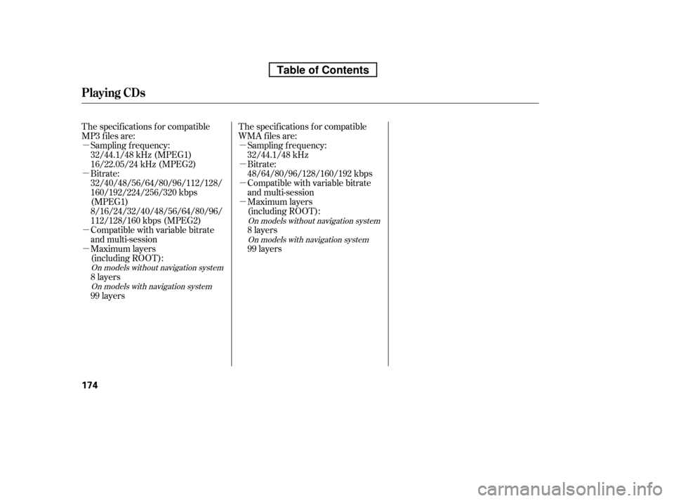 HONDA RIDGELINE 2010 1.G Owners Manual µ µµ
µ
µ
µµ µ
The specif ications f or compatible 
WMA f iles are:
The specif ications f or compatible
MP3 f iles are:
Maximum layers
(including ROOT): 
8 layers
99 layers
Sampling f r