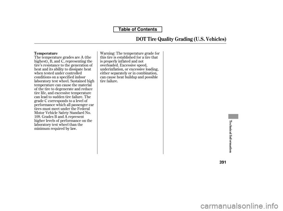 HONDA RIDGELINE 2010 1.G Owners Manual Warning: The temperature grade f or 
this tire is established f or a tire that
is properly inf lated and not
overloaded. Excessive speed,
underinf lation, or excessive loading,
either separately or in