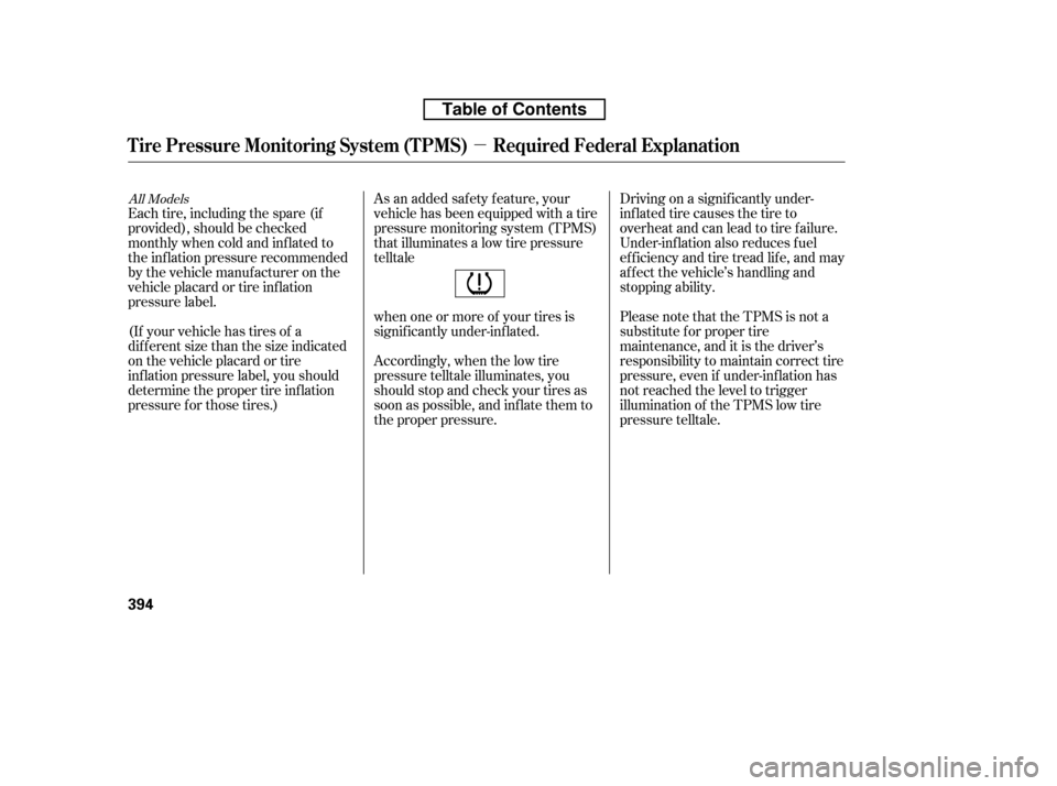 HONDA RIDGELINE 2010 1.G Owners Manual µ
Accordingly, when the low tire 
pressure telltale illuminates, you
should stop and check your tires as
soon as possible, and inf late them to
the proper pressure.Driving on a signif icantly under-