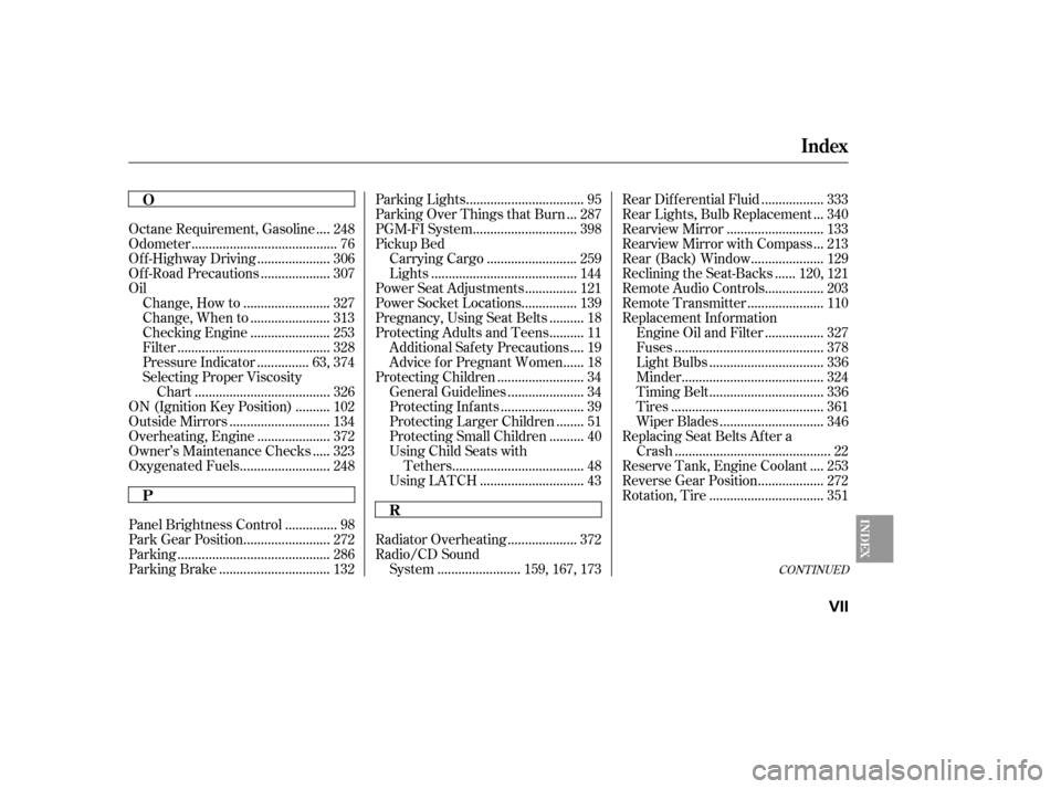 HONDA RIDGELINE 2010 1.G Owners Manual CONT INUED
...
Octane Requirement, Gasoline . 248
.........................................
Odometer . 76
....................
Of f -Highway Driving . 306
...................
Of f -Road Precautions . 
