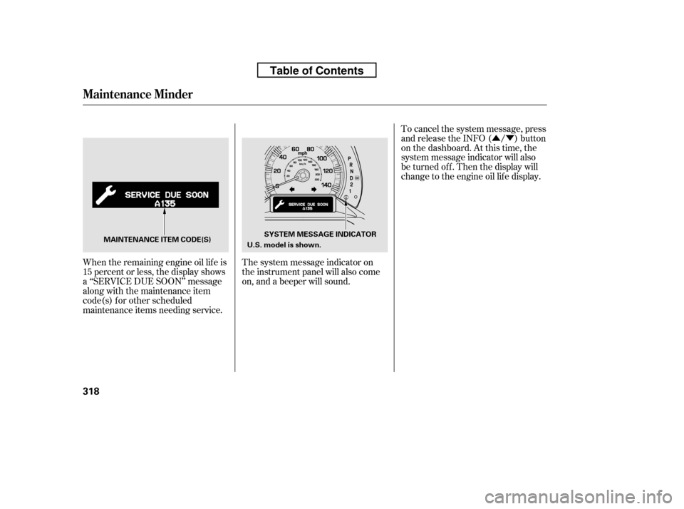 HONDA RIDGELINE 2010 1.G Owners Manual ÛÝ
When the remaining engine oil lif e is 
15 percent or less, the display shows
a ‘‘SERVICE DUE SOON’’ message
along with the maintenance item
code(s) f or other scheduled
maintenance ite