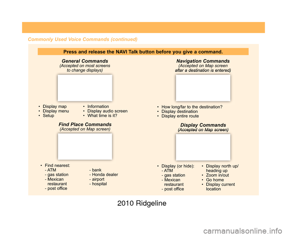 HONDA RIDGELINE 2010 1.G Technology Reference Guide Commonly Used Voice Commands (continued)Navigation Commands
(Accepted on Map screen
after a destination is entered)
• How long/far to the destination?
• Display destination
• Display entire rout