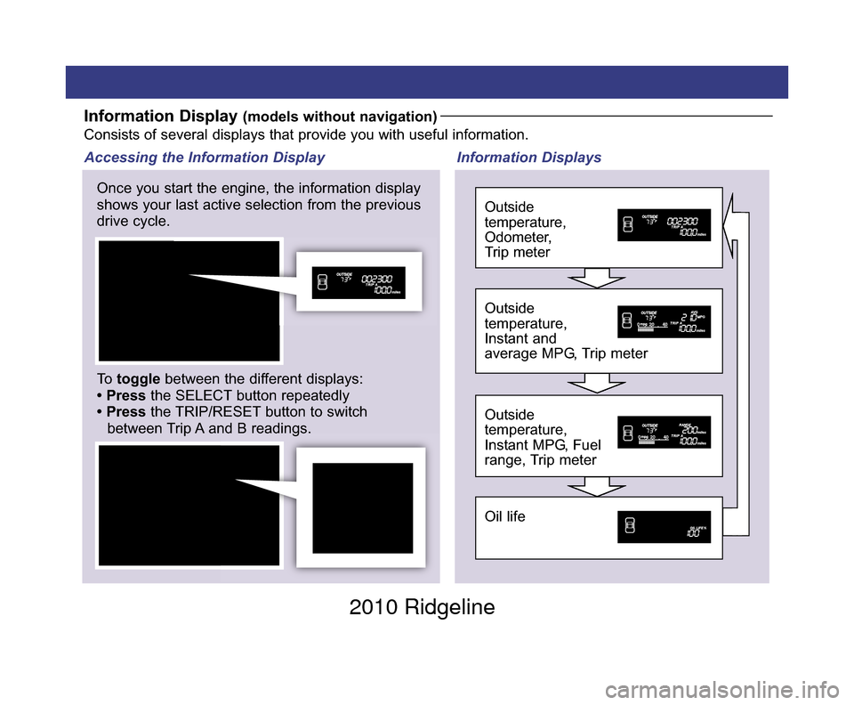 HONDA RIDGELINE 2010 1.G Technology Reference Guide Information Display (models without navigation)Consists of several displays that provide you with useful information.
Once you start the engine, the information display
shows your last active selectio