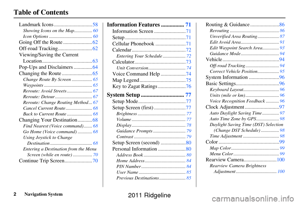 HONDA RIDGELINE 2011 1.G Navigation Manual 2Navigation System
Table of Contents
Landmark Icons .............................58
Showing Icons on the Map............... 60
Icon Options .................................... 60
Going Off the Route 