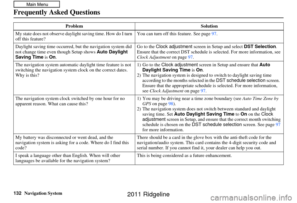 HONDA RIDGELINE 2011 1.G Navigation Manual 132Navigation System
Frequently Asked Questions
My state does not observe daylight saving time. How do I turn
off this feature? You can turn off this feature. See page
97.
Daylight saving time occur HONDA RIDGELINE 2011 1.G Navigation Manual 132Navigation System
Frequently Asked Questions
My state does not observe daylight saving time. How do I turn
off this feature? You can turn off this feature. See page
97.
Daylight saving time occur