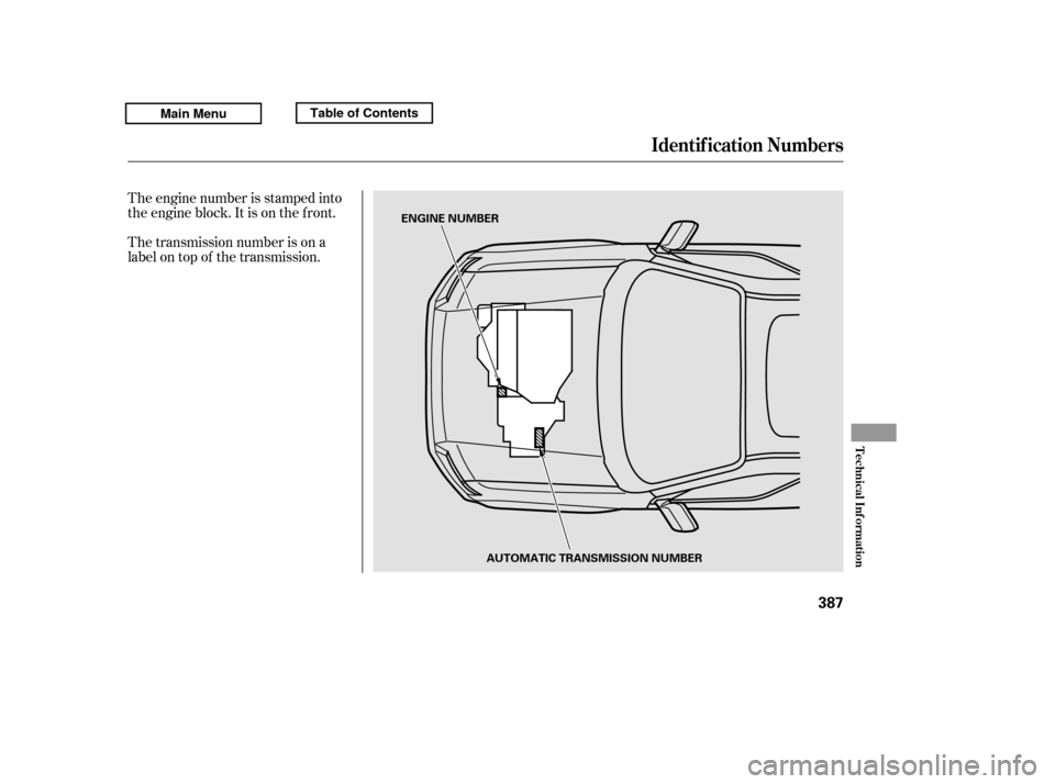HONDA RIDGELINE 2011 1.G Owners Manual The engine number is stamped into 
the engine block. It is on the f ront. 
The transmission number is on a 
label on top of the transmission.
Identif ication Numbers
T echnical Inf ormation
387
ENGINE