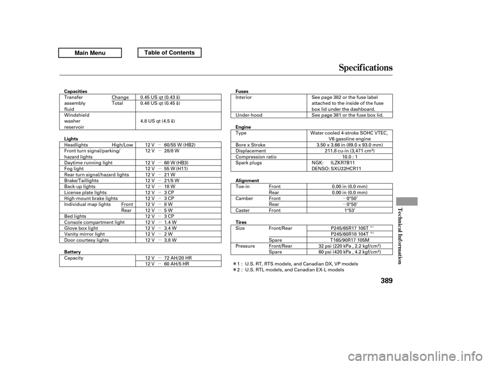 HONDA RIDGELINE 2011 1.G Owners Manual µ µ
µµ µ µµµµµµµµµµµµµ µ µÎ
Î
ÎÎ
Specif icat ions
Technical Inf ormation
389
Fuses 
Engine 
Alignment
Lights Battery
Tires
Capacities
Interior 
Under-ho