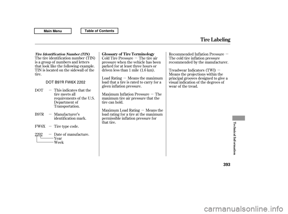 HONDA RIDGELINE 2011 1.G Owners Manual µ
µ µ
µ µ
µ
µ µ
µ µ
The tire identif ication number (TIN) 
is a group of numbers and letters
that look like the f ollowing example.
TIN is located on the sidewall of the
tire.
Week