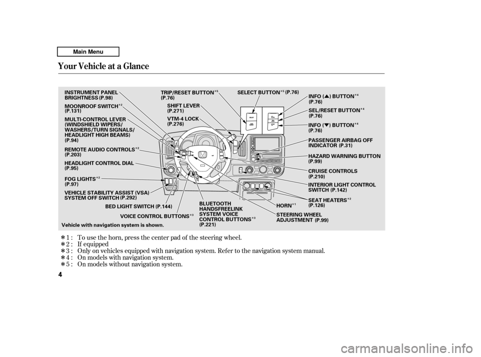 HONDA RIDGELINE 2011 1.G Owners Manual ÎÎÎ
Î
Î
Î
Î Î
Î
Î Î
Î Û
Ý
Î ÎÎÎÎ Only on vehicles equipped with navigation system. Ref er to the navigati
on system manual.
To use the horn, press the center pad 