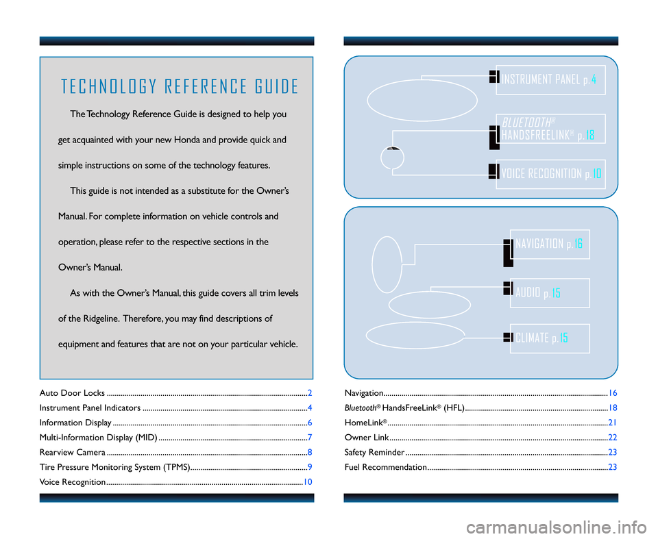 HONDA RIDGELINE 2011 1.G Technology Reference Guide Navigation...................................\2....................................\2....................................\2......\f6
Bluetooth
®HandsFreeLink®(HFL)...................................