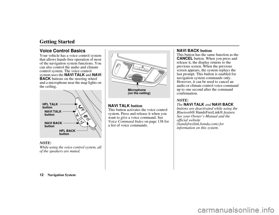 HONDA RIDGELINE 2012 1.G Navigation Manual 12
Navigation System
RIDGELINE KA  31SJC850
Getting StartedVoice Control BasicsYour vehicle has a voice control system 
that allows hands-free operation of most 
of the navigation system functions. Yo