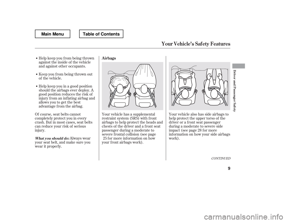 HONDA RIDGELINE 2012 1.G User Guide Your vehicle has a supplemental 
restraint system (SRS) with f ront
airbags to help protect the heads and
chests of the driver and a front seat
passenger during a moderate to
severe f rontal collision
