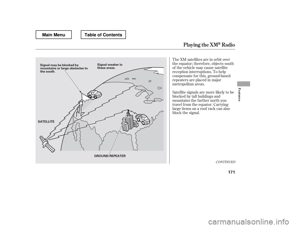 HONDA RIDGELINE 2012 1.G Owners Manual The XM satellites are in orbit over 
the equator; therefore, objects south
of the vehicle may cause satellite
reception interruptions. To help
compensate f or this, ground-based
repeaters are placed i
