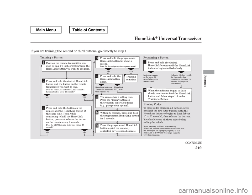 HONDA RIDGELINE 2012 1.G Owners Manual If you are training the second or third buttons, go directly to step 1.
CONT INUED
HomeL inkUniversal T ransceiver
Features
219
Main MenuTable of Contents 