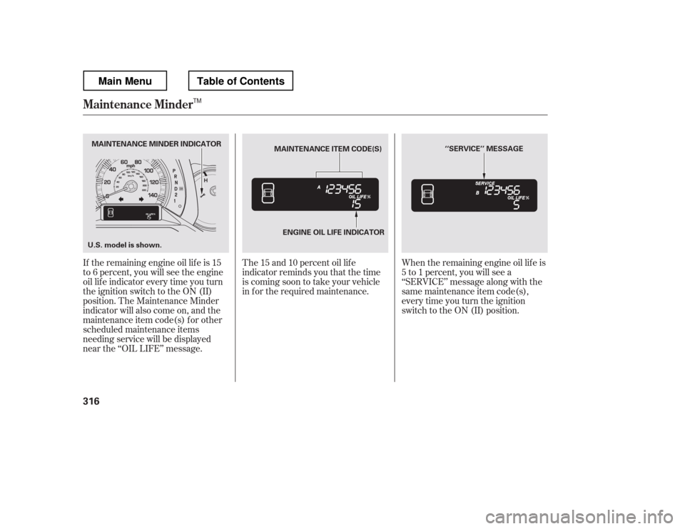HONDA RIDGELINE 2012 1.G Owners Manual The 15 and 10 percent oil lif e 
indicator reminds you that the time
is coming soon to take your vehicle
in f or the required maintenance.
If the remaining engine oil lif e is 15
to 6 percent, you wil
