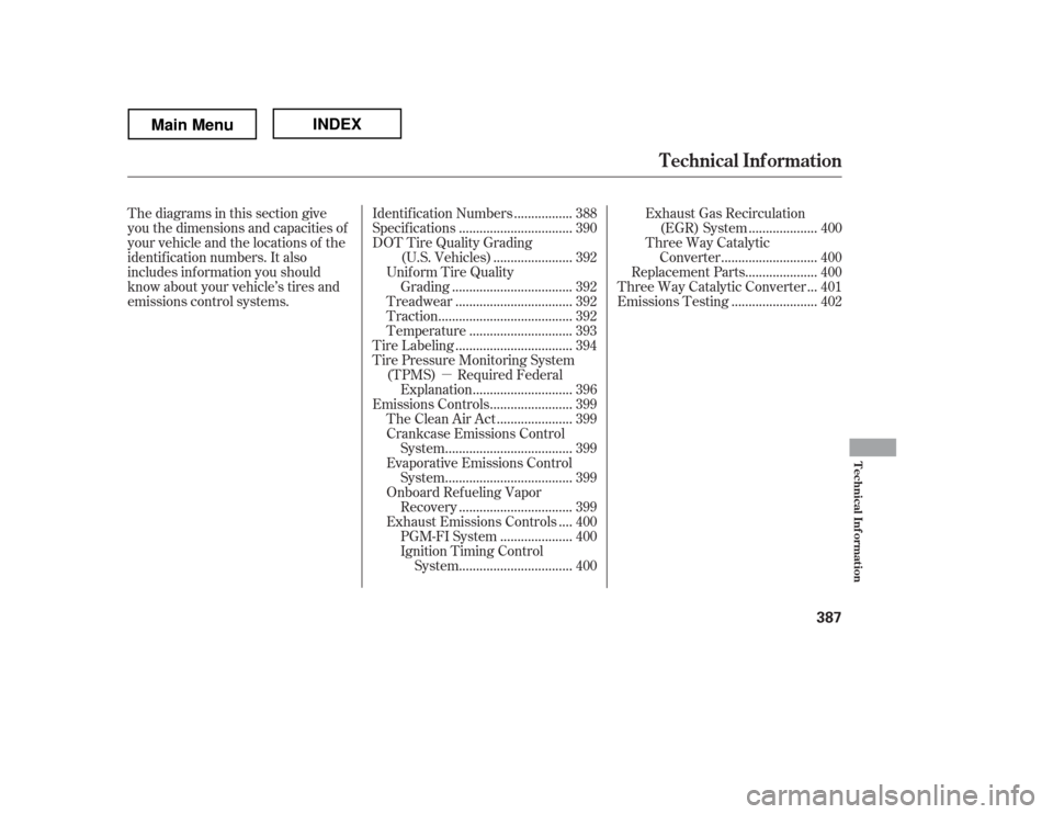 HONDA RIDGELINE 2012 1.G Owners Manual µ
Thediagramsinthissectiongive 
you the dimensions and capacities of
your vehicle and the locations of the
identif ication numbers. It also
includes inf ormation you should
know about your vehicle