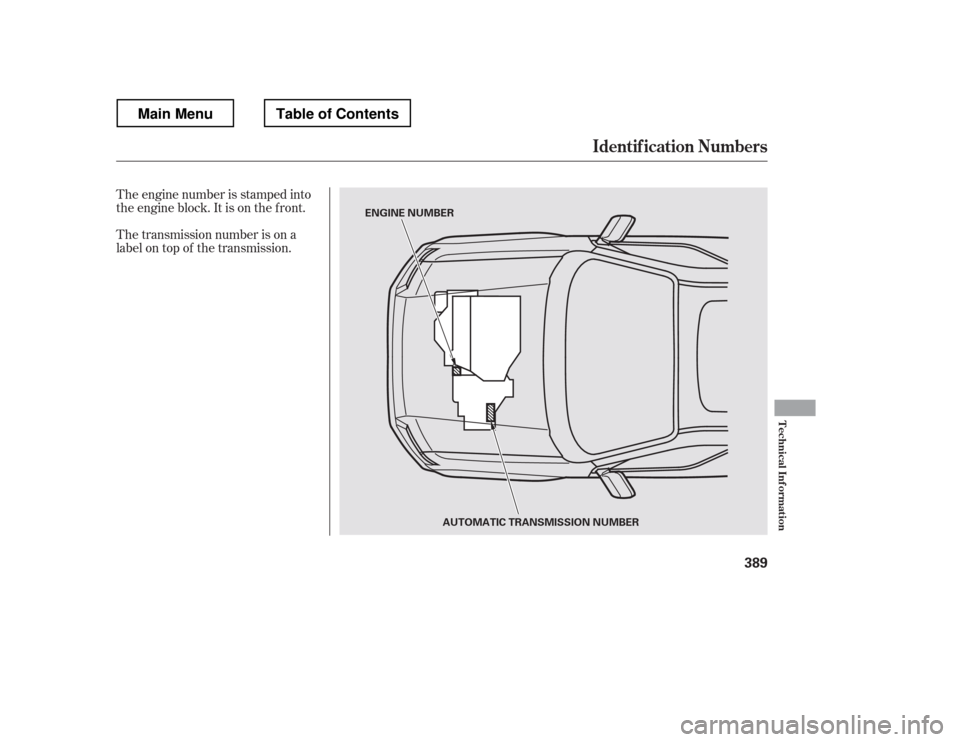 HONDA RIDGELINE 2012 1.G Owners Manual The engine number is stamped into 
the engine block. It is on the f ront. 
The transmission number is on a 
label on top of the transmission.
Identif ication Numbers
T echnical Inf ormat ion
389
ENGIN