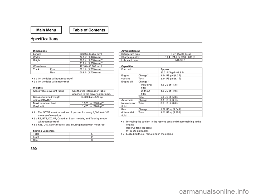 HONDA RIDGELINE 2012 1.G Owners Manual µµ
Î Î
Î Î Î
Î
Î
Î Î ÎÎ Î
Î
Î
Specif ications
390 Air Conditioning
Dimensions
Capacities
Weights 
Seating Capacities 206.9 in (5,255 mm) 
77.8 in (1,976 mm) 
70.3 in (1