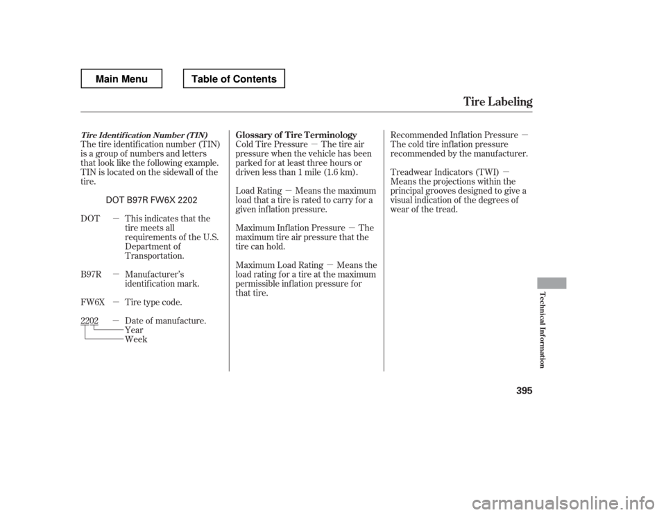 HONDA RIDGELINE 2012 1.G Owners Manual µ
µ µ
µ µ
µ
µ µ
µ µ
The tire identif ication number (TIN) 
is a group of numbers and letters
that look like the f ollowing example.
TIN is located on the sidewall of the
tire.
Week