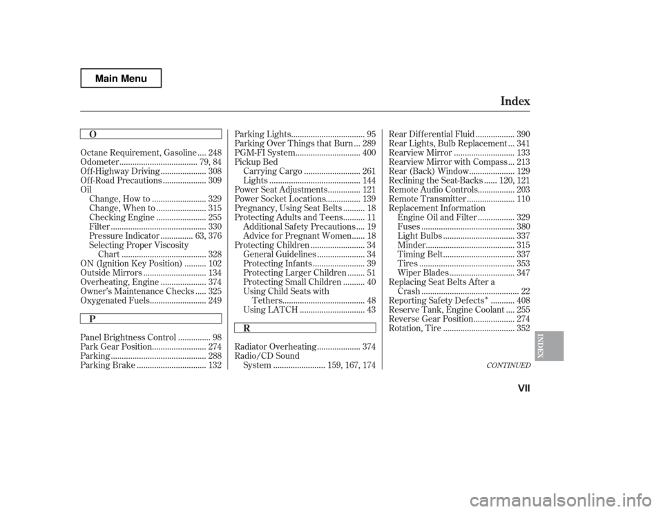 HONDA RIDGELINE 2012 1.G Owners Manual Î
CONT INUED
...
Octane Requirement, Gasoline . 248
...................................
Odometer . 79, 84
....................
Of f -Highway Driving . 308
...................
Of f -Road Precautions 