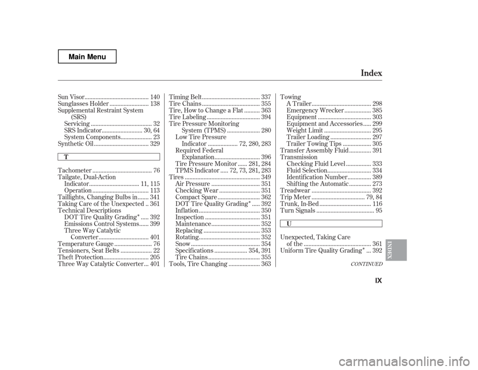 HONDA RIDGELINE 2012 1.G Owners Manual Î
Î
Î
CONT INUED
........................................
Sun Visor . 140
........................
Sunglasses Holder . 138 
Supplemental Restraint System
(SRS)
..................................