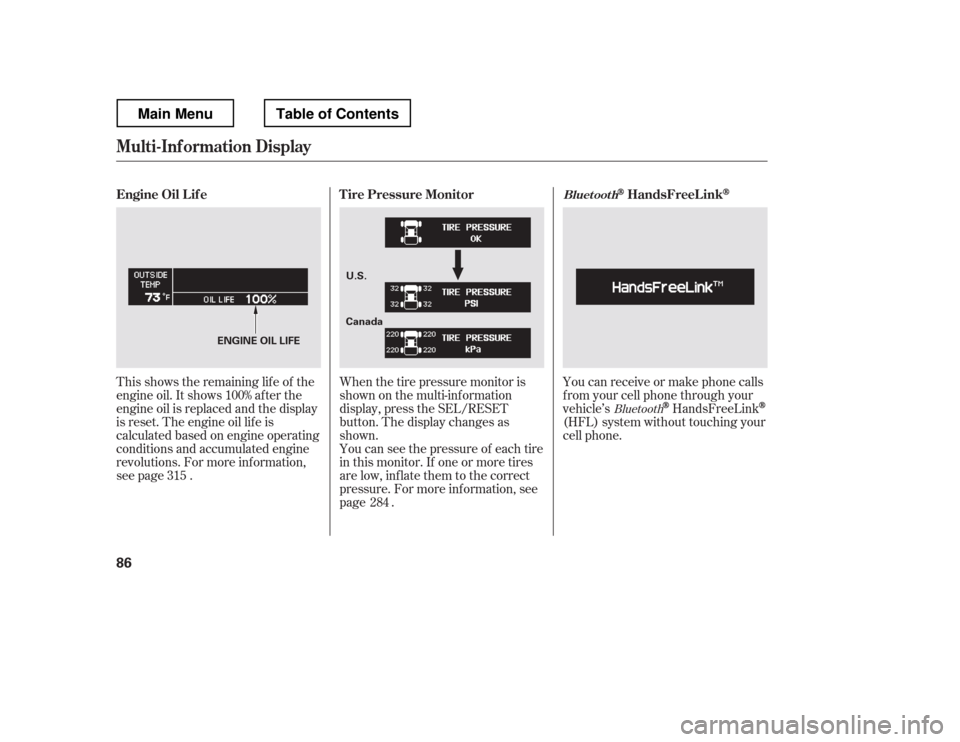 HONDA RIDGELINE 2012 1.G Owners Manual This shows the remaining lif e of the 
engine oil. It shows 100% af ter the
engine oil is replaced and the display
is reset. The engine oil lif e is
calculated based on engine operating
conditions and