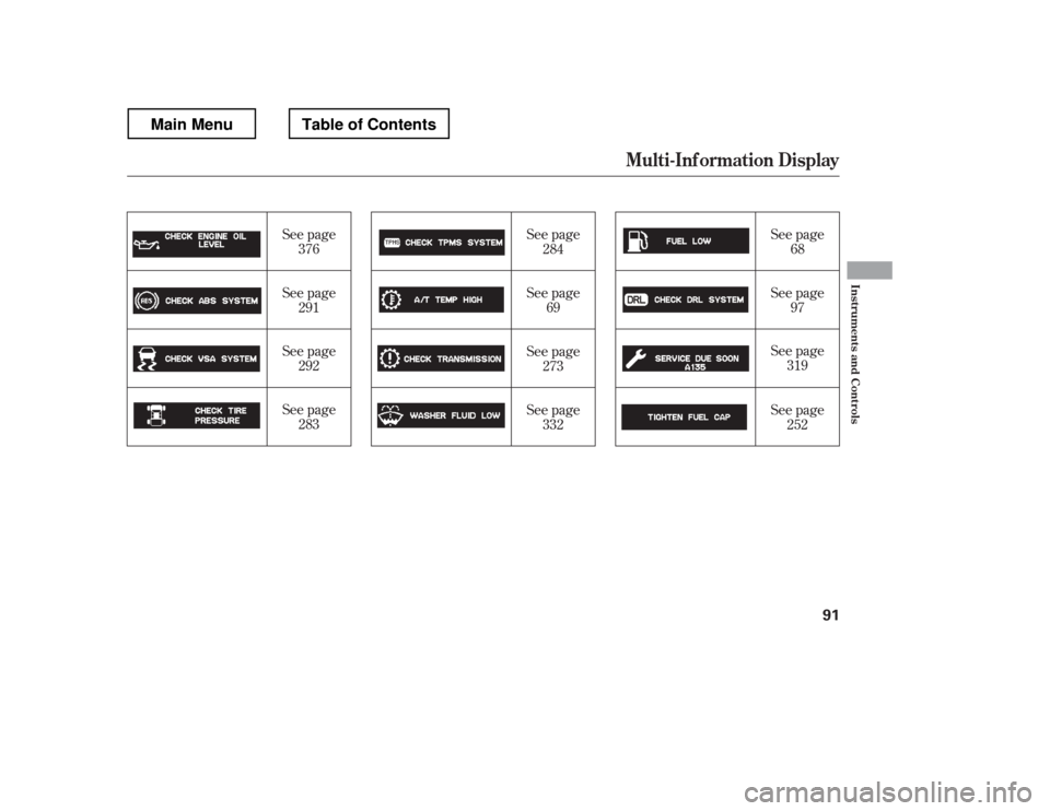 HONDA RIDGELINE 2012 1.G Owners Manual See page69 See page
68
See page 97
See page 319
See page
376
See page 291
See page 292
See page 283 See page
284
See page 273
See page 332 See page
252
Mult i-Inf ormation Display
Inst rument s and Co