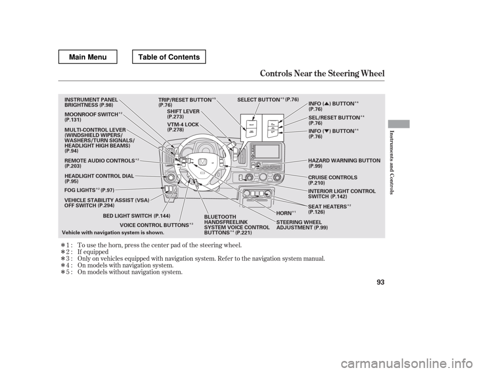 HONDA RIDGELINE 2012 1.G Owners Manual ÎÎ Î
Î
Î
Î
Î Î
Î
Î Î
Î Û Ý
Î ÎÎÎÎ
Only on vehicles equipped with navigation system. Ref er to the navigati
on system manual.
To use the horn, press the center pad