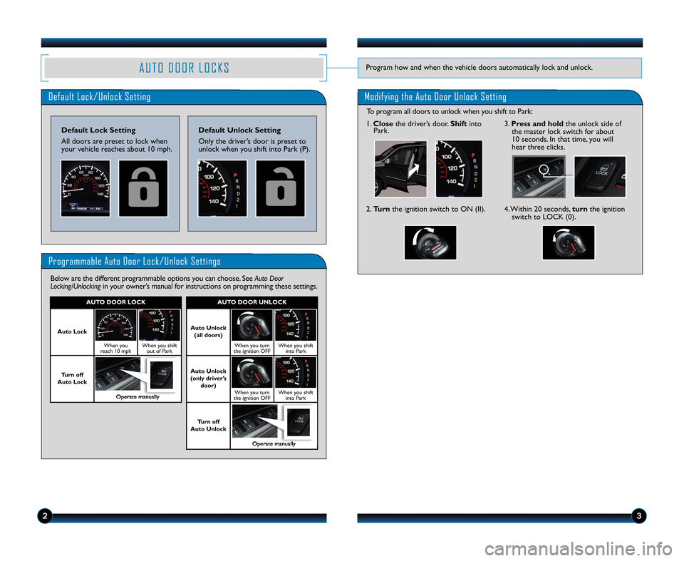 HONDA RIDGELINE 2012 1.G Technology Reference Guide A U T O D O O R L O C K SProgram how and when the vehicle doors automatically lock and unlock\b
Default Lock\bUnlock Setting
\fefault Lock Setting
All doors are preset to lock when
your vehicle reache