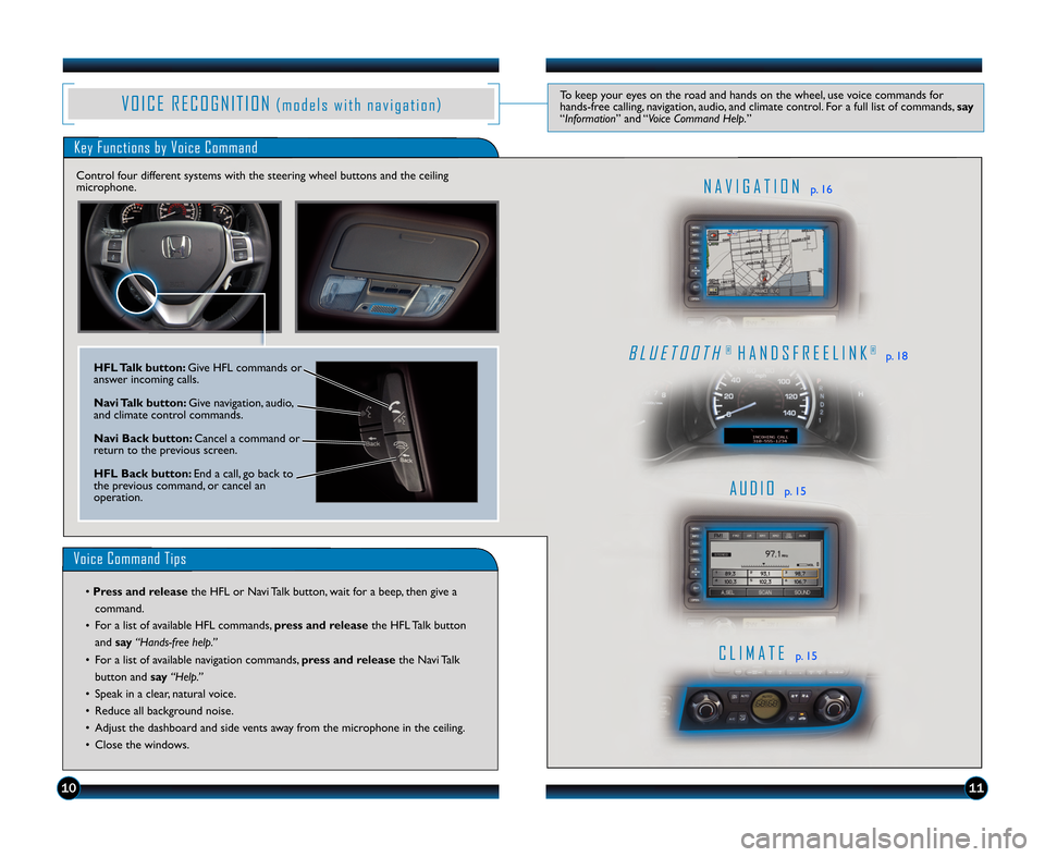 HONDA RIDGELINE 2012 1.G Technology Reference Guide V O I C E   R E C O G N I T I O N( m o d e l s   w i t h   n a v i g a t i o n )To keep your eyes on the road and hands on the wheel, use voice commands for
hands�free calling, navigation, audio, and 