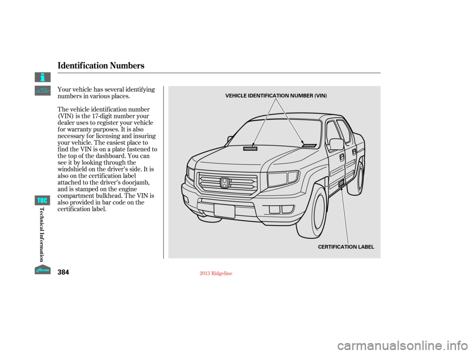 HONDA RIDGELINE 2013 1.G Owners Manual Your vehicle has several identif ying
numbers in various places.
The vehicle identif ication number
(VIN) is the 17-digit number your
dealer uses to register your vehicle
f or warranty purposes. It is