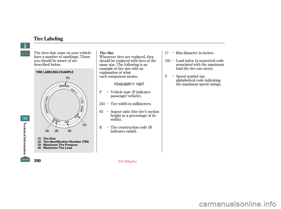 HONDA RIDGELINE 2013 1.G Owners Manual µ
µ
µ
µ
µ
µ
µ
The tires that came on your vehicle
have a number of markings. Those
you should be aware of are
described below.
Rim diameter in inches.
Load index (a numerical code
associ