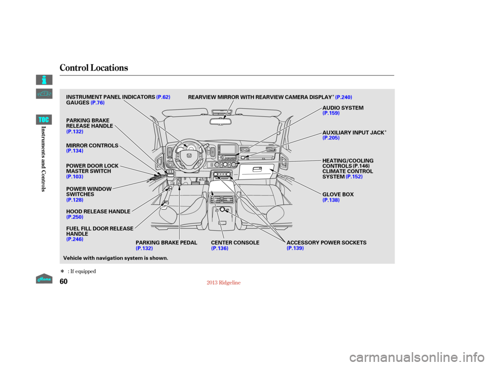 HONDA RIDGELINE 2013 1.G Repair Manual Î
Î
Î
: If equipped
Control L ocations
60
Vehicle with navigation system is shown. (P.103) POWER DOOR LOCK
MASTER SWITCH MIRROR CONTROLS
ACCESSORY POWER SOCKETS
(P.134)
(P.139)
(P.132) PARKING B
