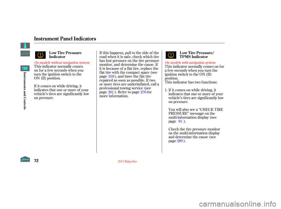HONDA RIDGELINE 2013 1.G Manual PDF If it comes on while driving, it
indicates that one or more of your
vehicle’s tires are signif icantly low
on pressure. This indicator normally comes  
on for a few seconds when you  
turn the ignit